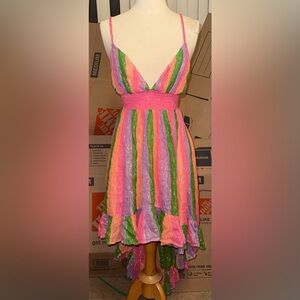 Sundress pink green Colorful Striped high low Dress xs/s